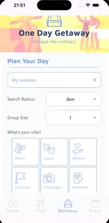 Ecrã para planear uma escapadela de um dia, com localização, raio de pesquisa, grupo e vibes