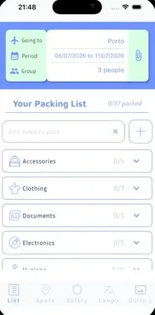 Lista de bagagem de uma viagem ao Porto, organizada por categorias com contador de progresso