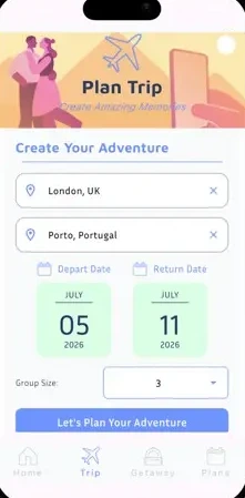 Ecrã para criar uma viagem, com origem, destino, datas e tamanho do grupo