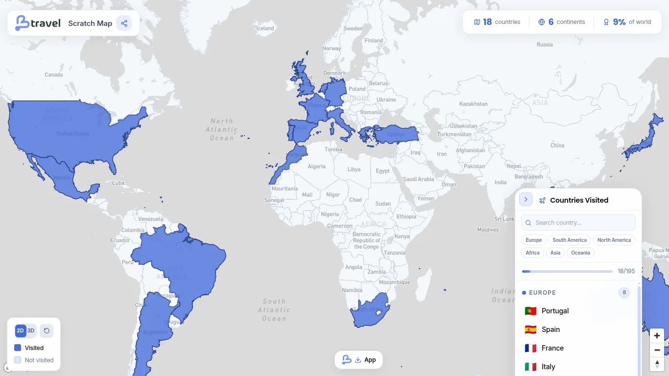 Mapa-mundo do Scratch Map, com os países visitados pintados a azul