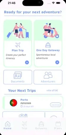 Ecrã inicial da app com atalhos para planear uma viagem, escapadela de um dia, documentos e próximas viagens